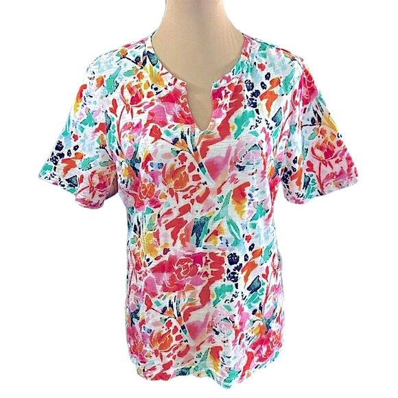 Chico's Abstract Notch Neck Tee Size 2 (12) Like New - Picture 4 of 15